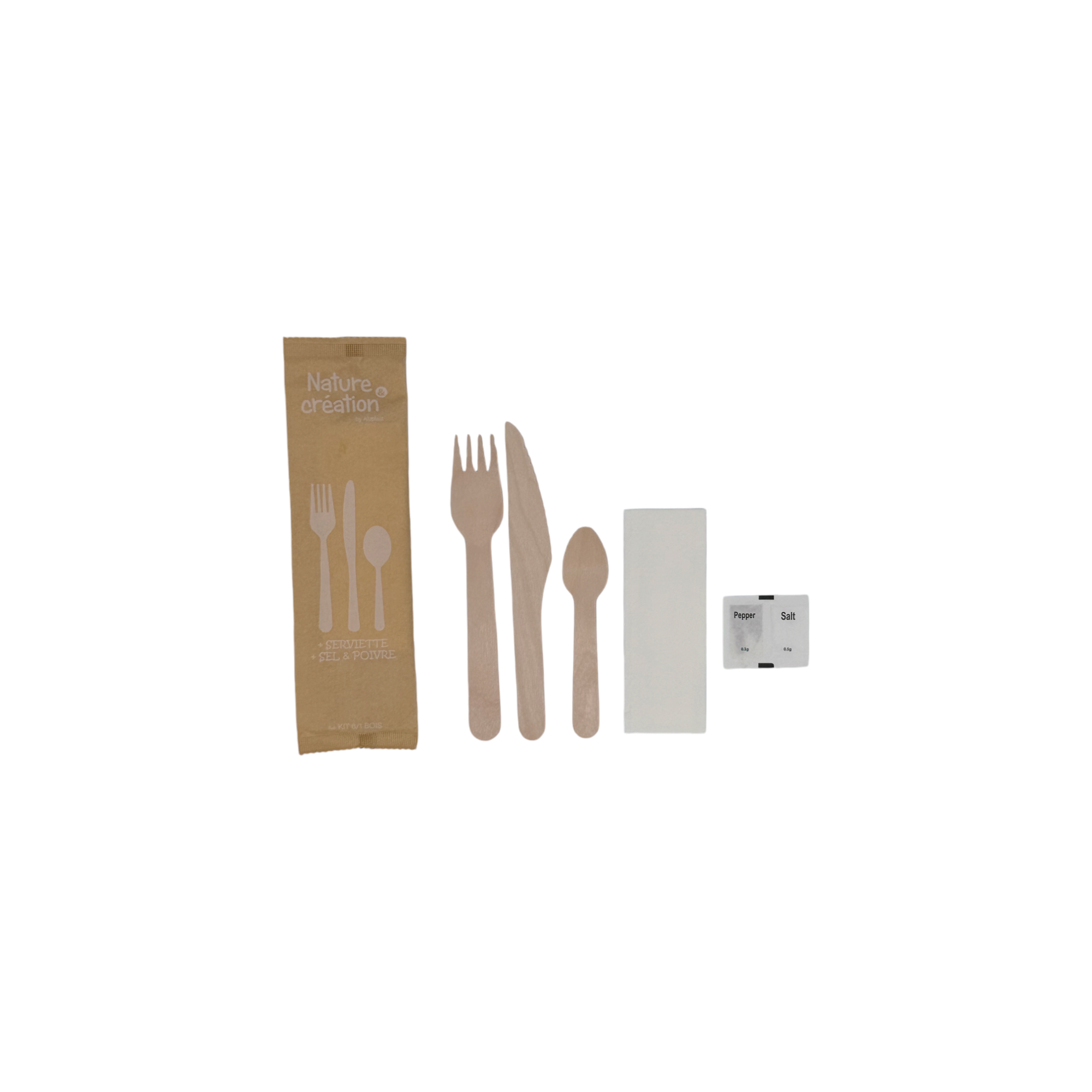 Kit couverts en bois  6 /1 fourchette + couteau 16 cm + cuillère à dessert + sel + poivre + serviette 1 pli  par 250